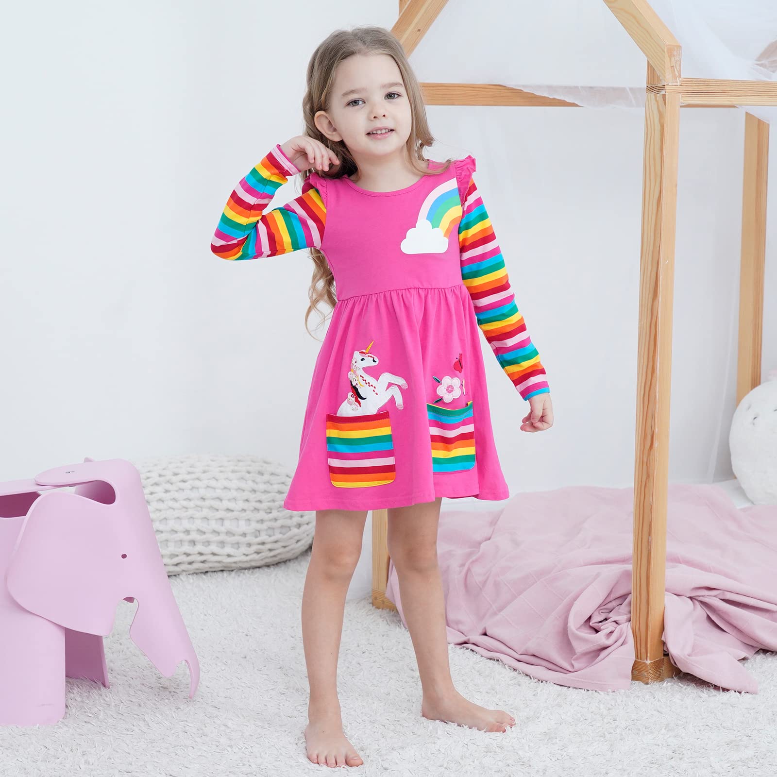 SFreeBo Rainbow Dress for Girls 6-7 Years Cotton Long Sleeve T-Shirt Dress Kids Unicorn Party Dresses with Large Stripe Pockets