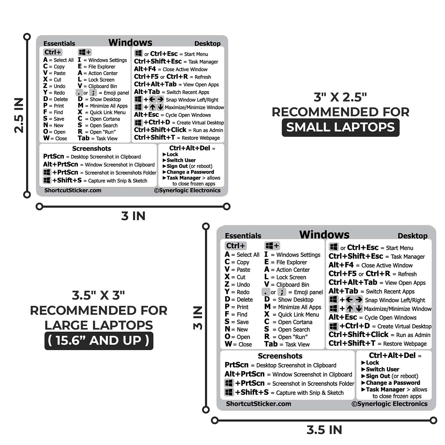 Synerlogic Windows and Word/Excel (for Windows) Quick Reference Guide Keyboard Shortcut Stickers, No-residue Vinyl (White/Large/Combo)