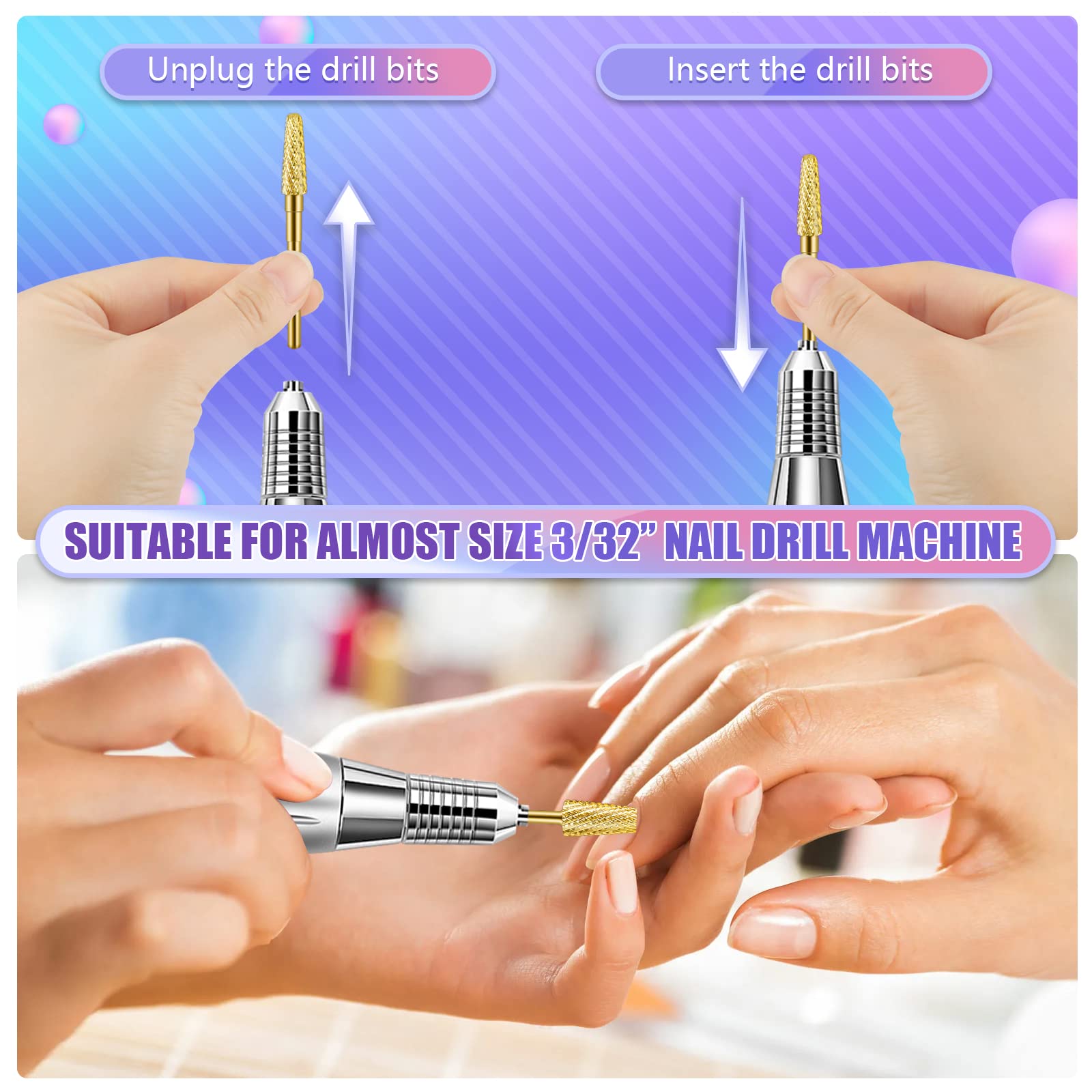 [2022 Upgraded]3Pcs Nail Drill Bits Set, 5 in 1 Drill Bits for Nails 3/32 Inches, Tapered Barrel and Cone Shape Carbide Nail Drill Bits for Acrylic or Gel Remover