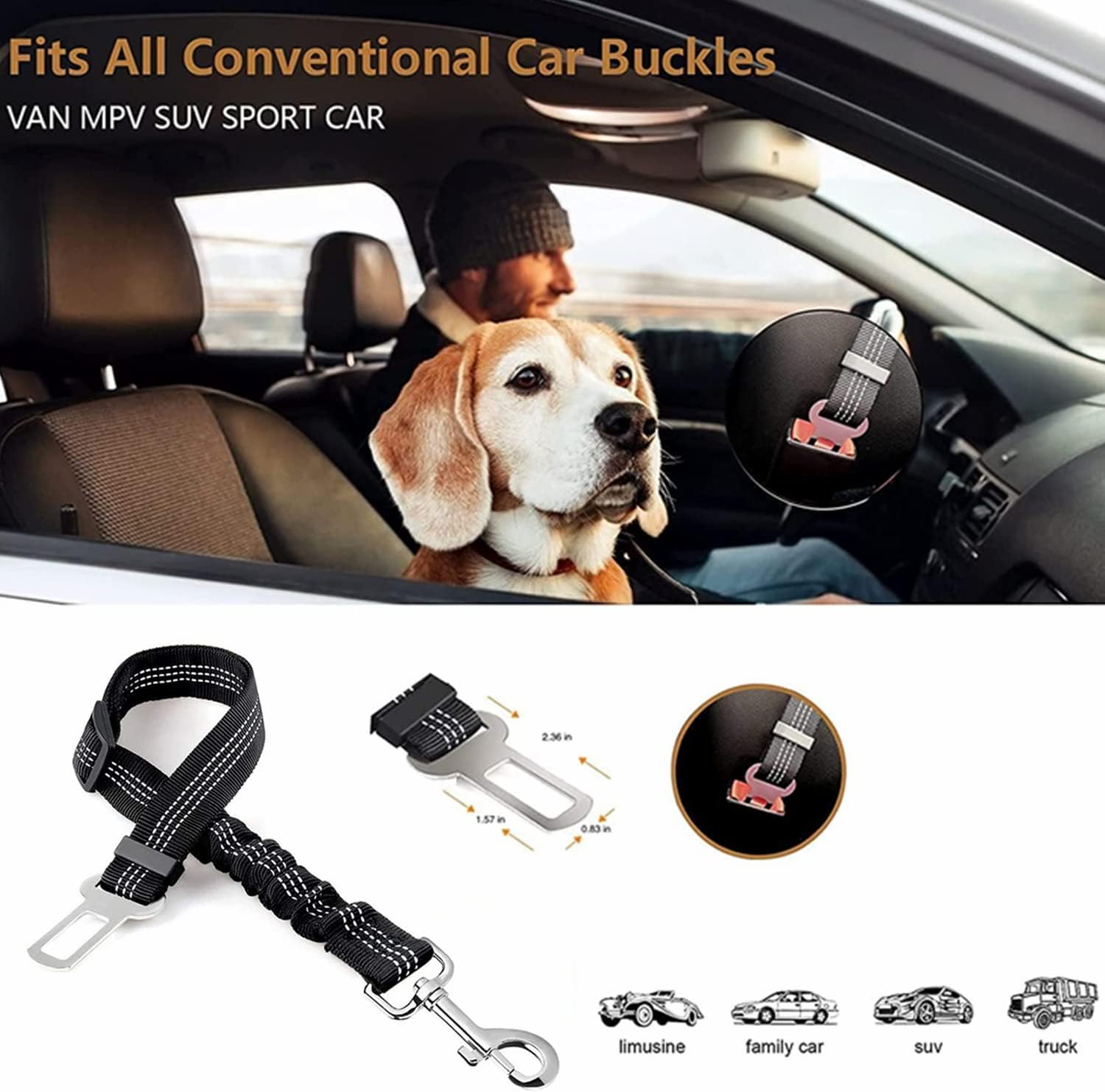 Dog Car Seat Belt -Adjustable Elastic Bungee, Strong Durable Dog Car Harness - 360 Degree Swivel Attach Won't Twist, Reflective, Easy to Use (ORANGE)