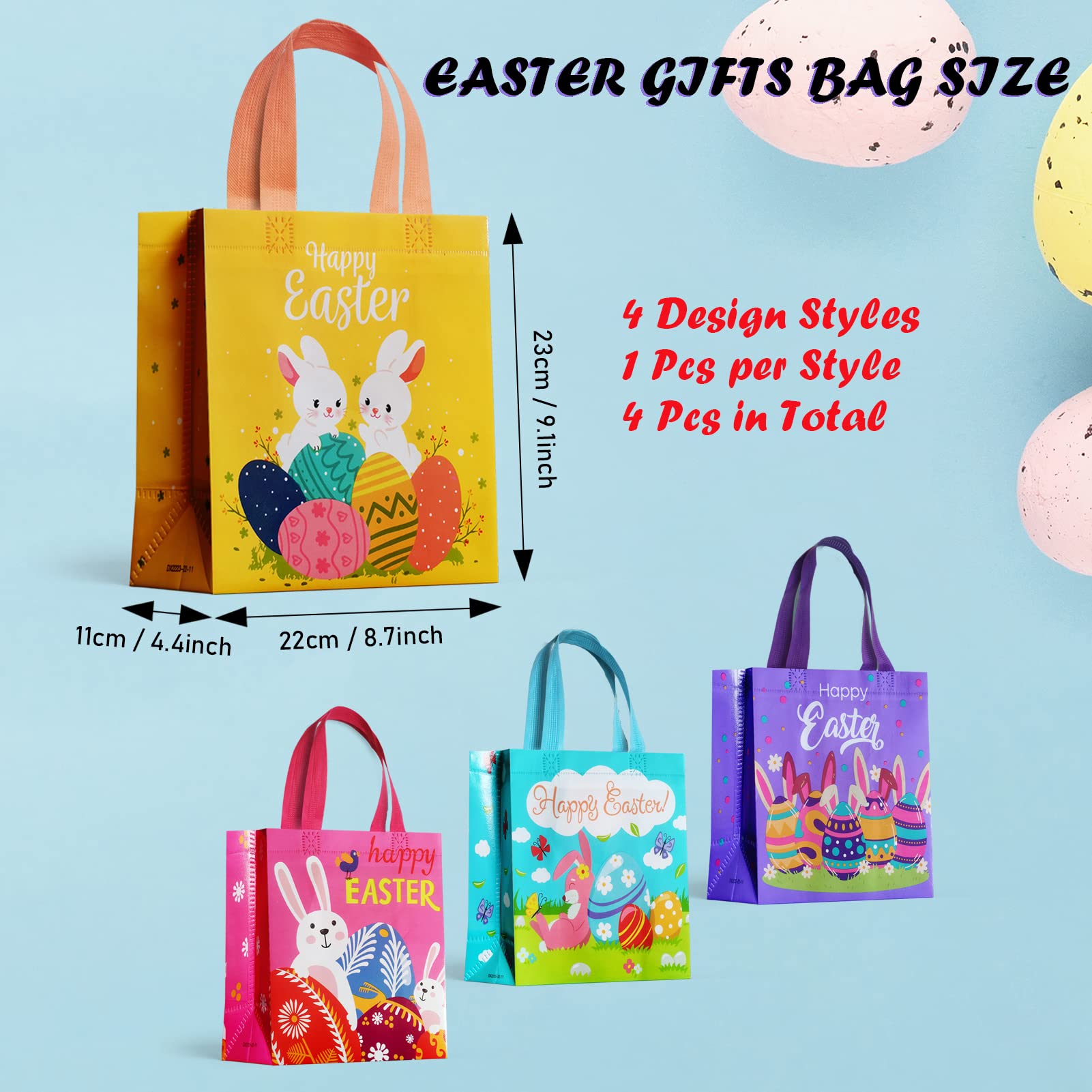 Easter Gift Bags, 4 Pcs Easter Bunny Bags for Kids, Easter Egg Hunt Bags with Handles, Reusable Chocolate Sweets Treat Candy Easter Bunny Ear Party Bags for Party Favors