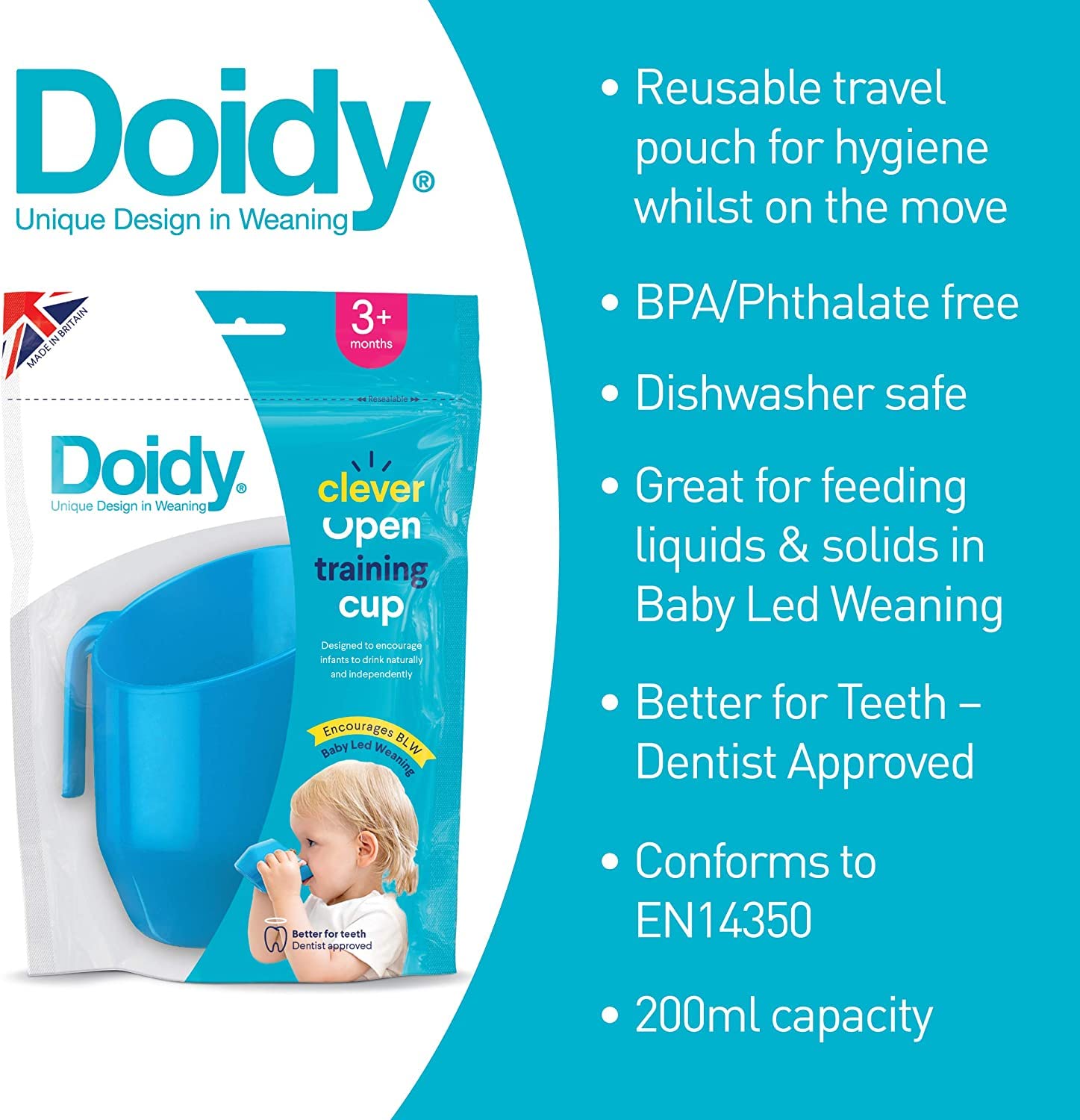 Doidy Cup - Training Sippy Cups Baby Cup Unique Slanted Design Two Handles Baby Beaker - Great Weaning Cup for Milk, Water & Juice - Use from 3-6 Months 200ml (Turquoise)