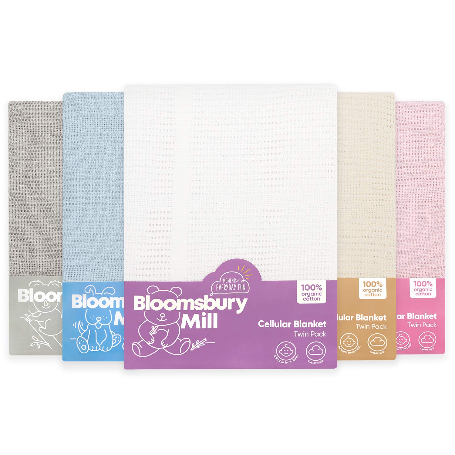 Bloomsbury Mill - Twin Pack - 100% Pure Organic Cotton - Extra Soft Cellular Baby Blankets – Swaddle Blanket – Baby Essentials for Newborn – Cot Bed/Pram/Travel/Moses Basket - Grey