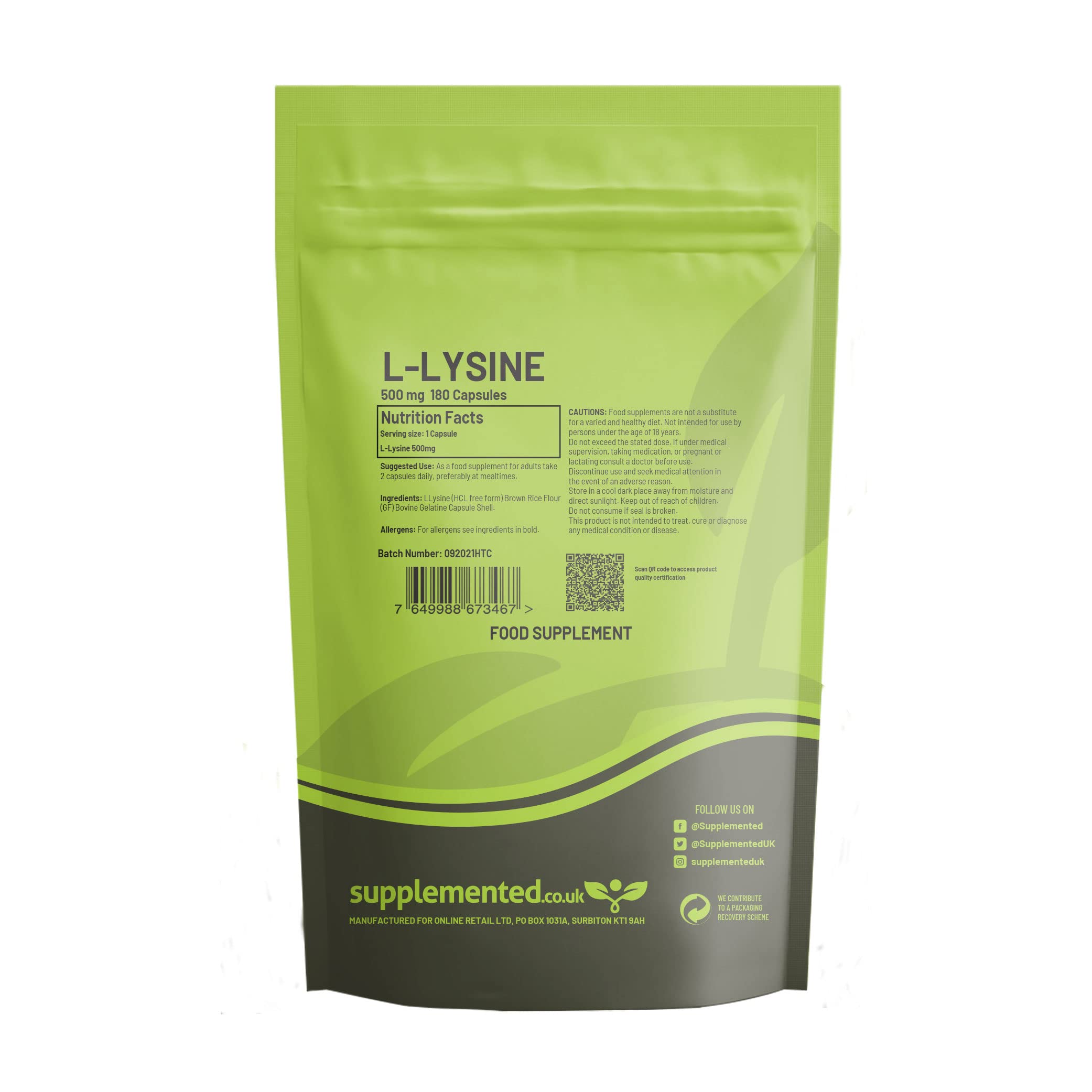 L-Lysine 500mg 180 Capsules