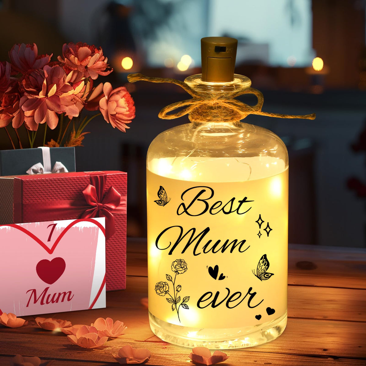 Linkax Gifts for Mum, Mum Birthday Gifts from Daughter Son Kids, LED Bottle Decorative Light with Saying-Best Mum Ever, Presents for Mum Mummy, Thanksgiving Gifts for Mum Nan Nanny