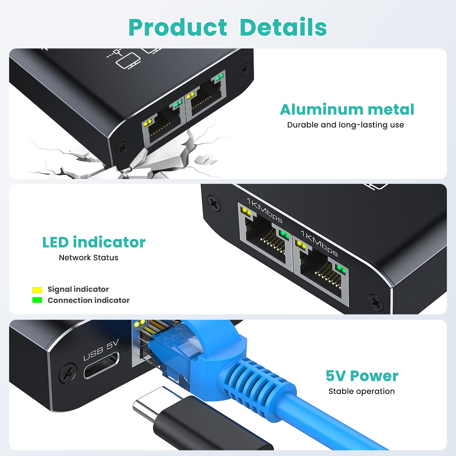 HRSDEIE Ethernet Splitter 1 to 2 Out 1000Mbps, High Speed RJ45 Gigabit Network Splitter 2 Port Network LAN Switch with Type-C Power Cable for Computer, Switch, Hub, Set-Top Box, Digital TV,Router,ADSL