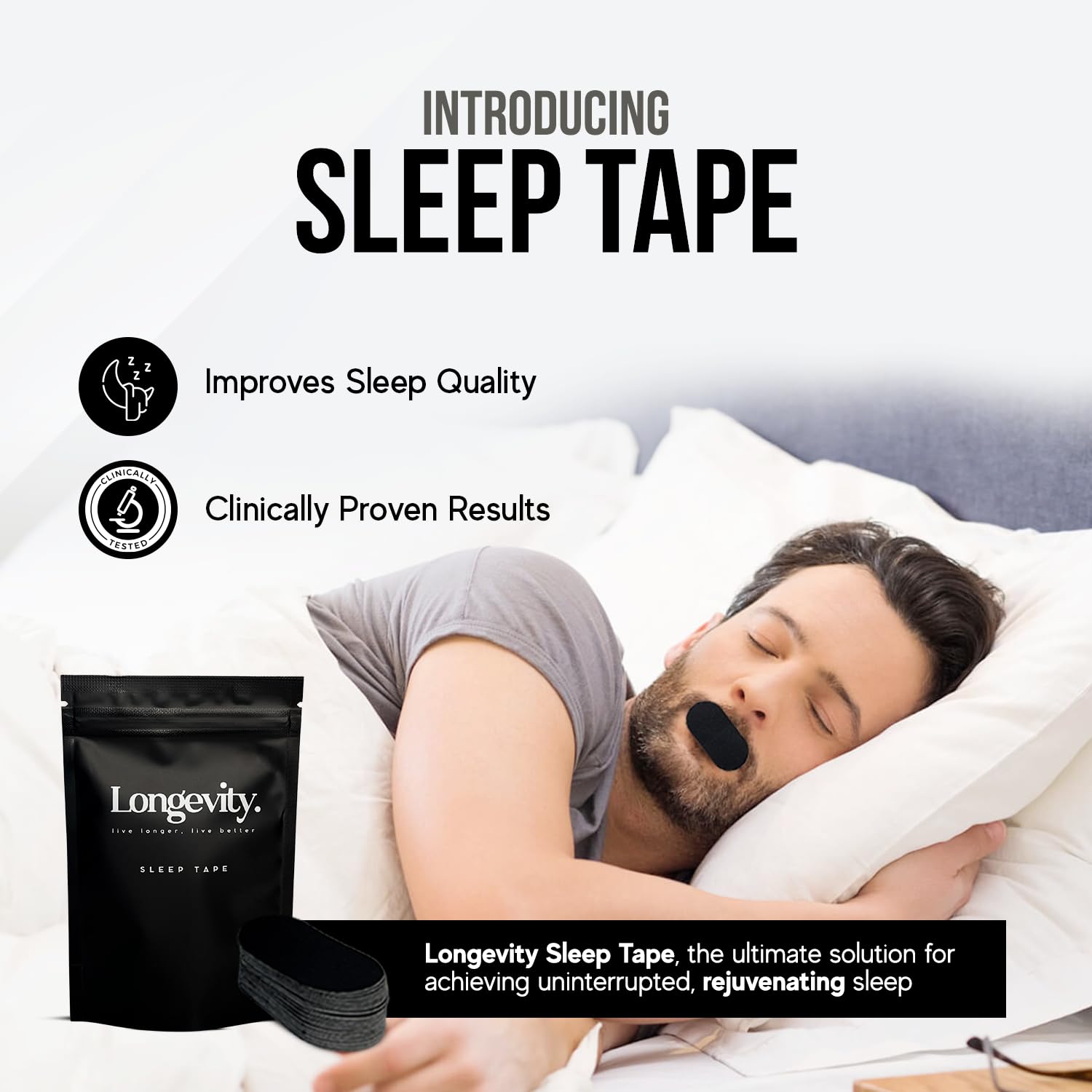 Longevity Sleep Tape (Black) - Mouth Tape for Sleeping, Snoring Aid, Improved Nasal Breathing, Strong But Gentle Adhesion (30 Strips)