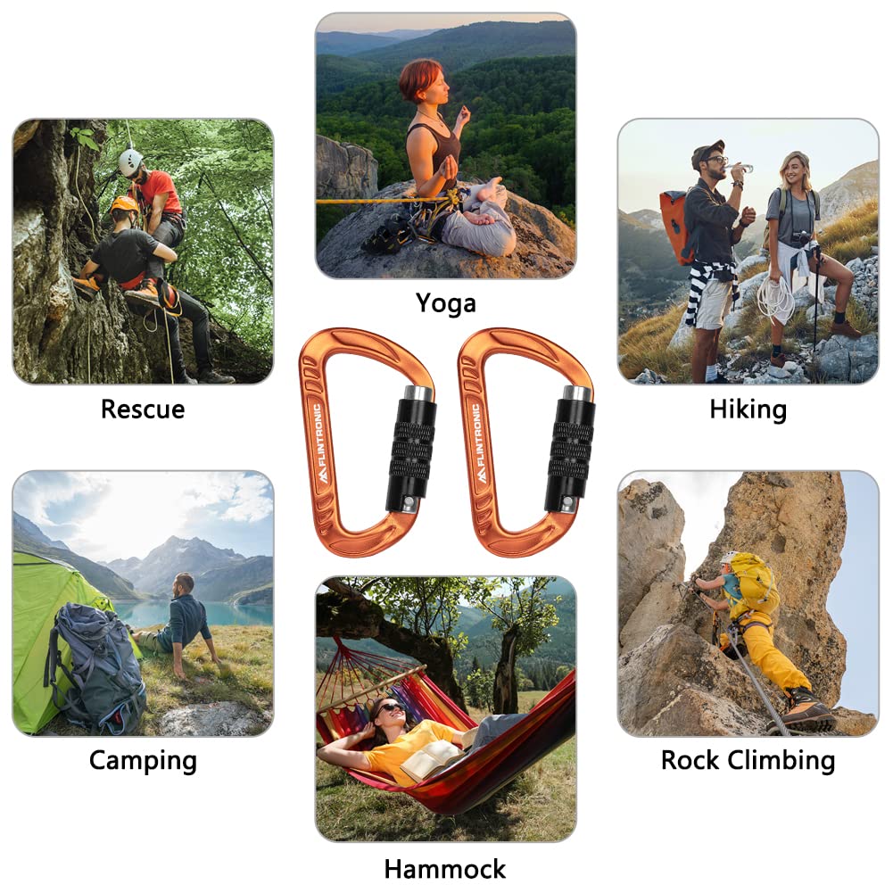 Flintronic Locking Carabiner, 12KN Heavy Duty Locking Carabiner Clips, Aluminum Alloy Clip, 2PCS Carabiner D Ring Clip Hook for Hammock Swing Camping Fishing Hiking (Orange)