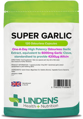 Lindens Super Garlic 6000mg High Strength Capsules   120 Pack   High potency odourless Garlic Extract, equivalent to 6000mg garlic clove in each one a day capsule, standardised to provide 4200_g allicin