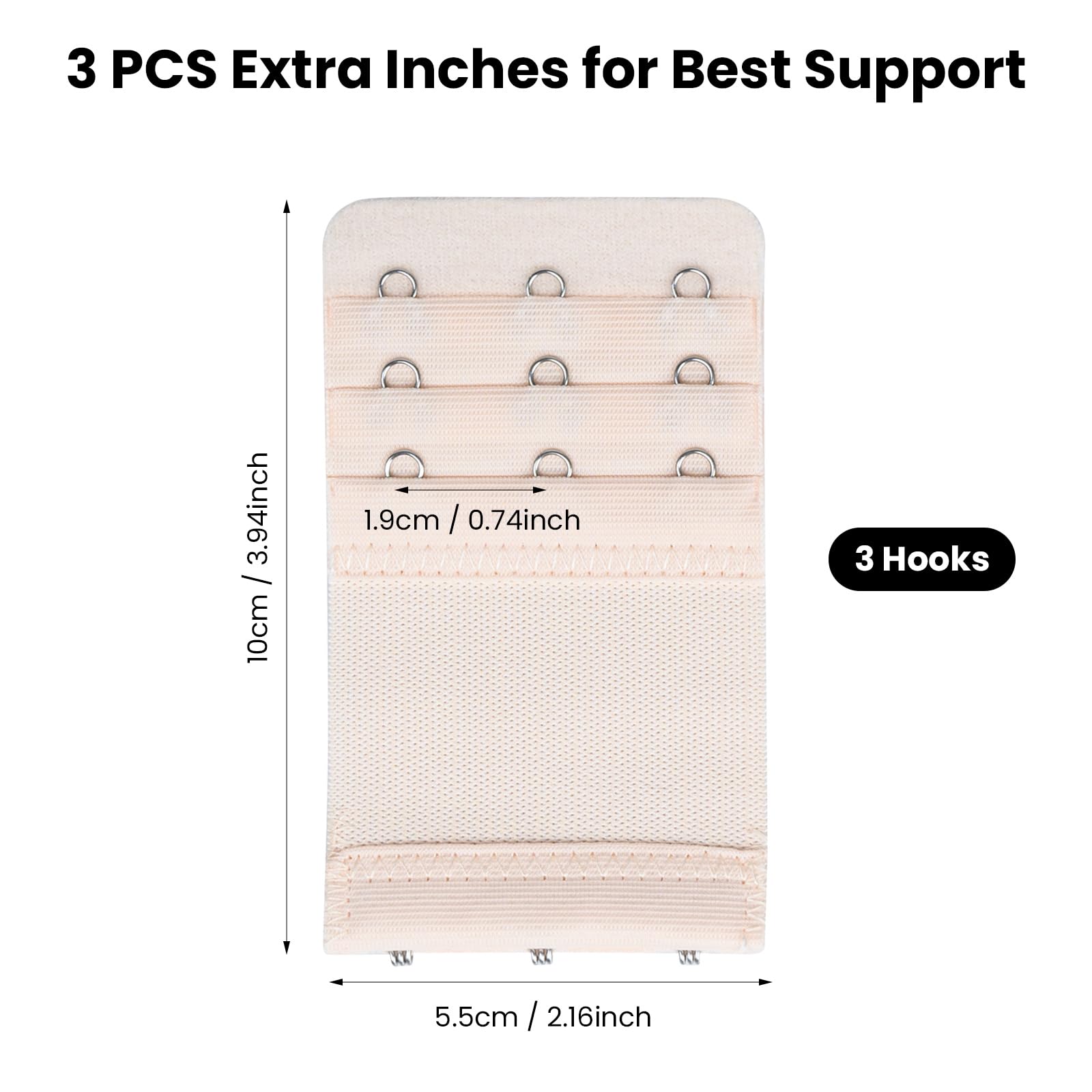 HUSAIHU 3 Pack Women's Bra Extenders, Bra Strap Extension 3 Hooks,Soft Stretchy Bra Beige Extender,Elastic Bra Extension Straps Set With Stainless Steel 3 Hooks x 3 Rows (Beige)