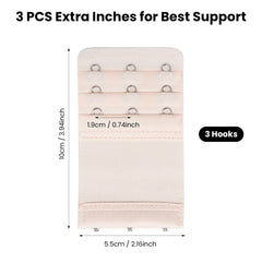 HUSAIHU 3 Pack Women's Bra Extenders, Bra Strap Extension 3 Hooks,Soft Stretchy Bra Beige Extender,Elastic Bra Extension Straps Set With Stainless Steel 3 Hooks x 3 Rows (Beige)