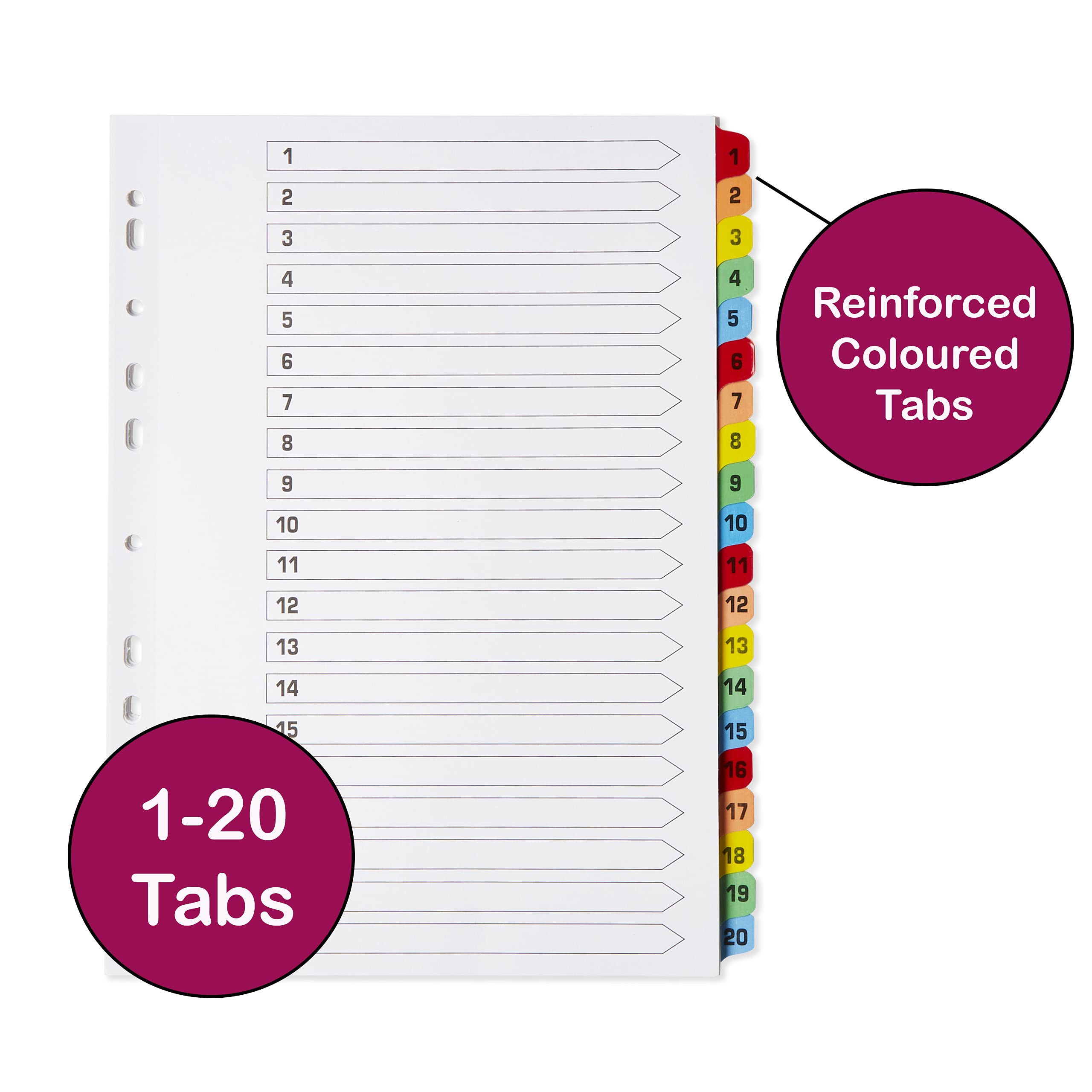 [5 Pack] A4 File Dividers 20 Part Numbered 1-20   A4 Subject Dividers 20 Part Numbered 1-20 with Multipunched Reinforced Colour Tabs 150gsm