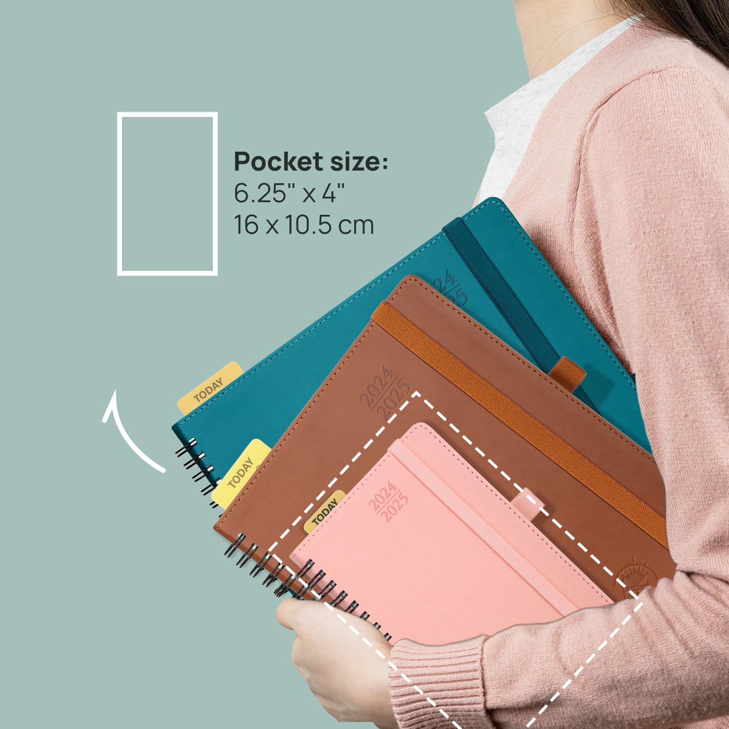 POPRUN Academic Pocket Diary 2024-2025 A6 (16x10.5 cm) Week to View Soft Cover Spiral 17 Months (Aug'24 - Dec'25) Small Diary,Mid Year Weekly PU Leather Planner (Blue Green)