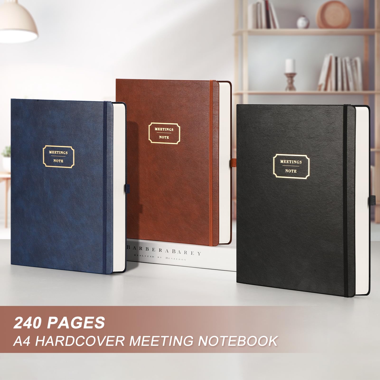 EMSHOI Meeting Notebook A4 Planner, 240 Pages Large Diary To Do List Notepad with 100gsm Thick Paper, Hardback Leather Journal for Women Men Office Business Work, 21.5 x 29cm - Coffee