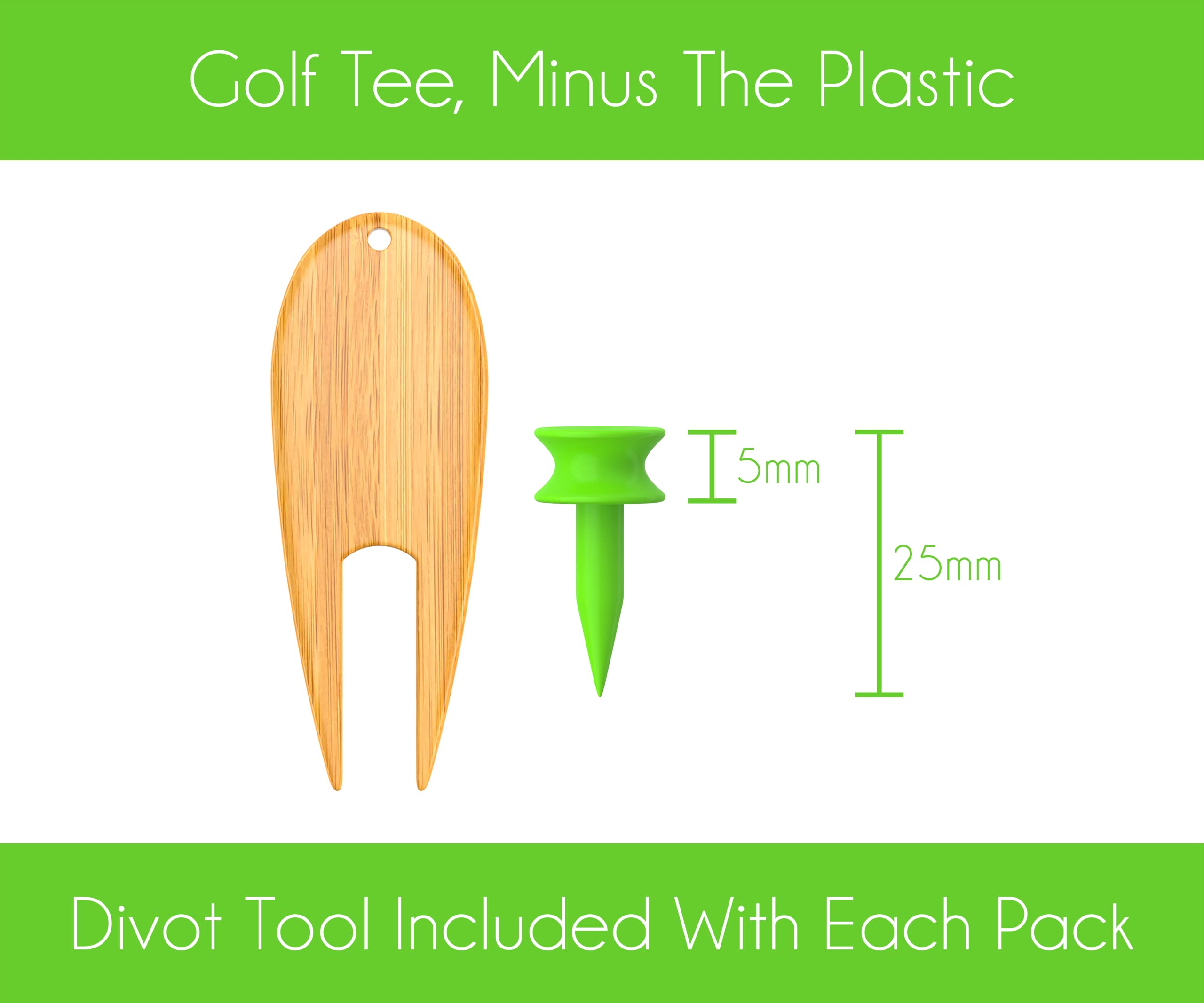 T- Bamboo Golf Tee - Pack of 50 x 25mm Castle Tee (Green) - Strong, Sturdy and Eco-Friendly - includes Bamboo Pitch Mark Repair Tool