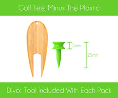 T- Bamboo Golf Tee - Pack of 50 x 25mm Castle Tee (Green) - Strong, Sturdy and Eco-Friendly - includes Bamboo Pitch Mark Repair Tool