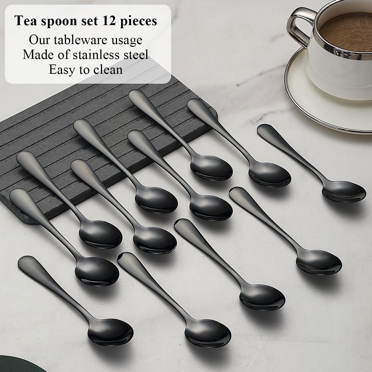 Evanda Black Teaspoons 12 Pieces, Black Titanium Plating Stainless Steel 14cm Tea Spoon, Cutlery for Tea, Coffee, Cake, Dessert and Salad, Dishwasher Safe