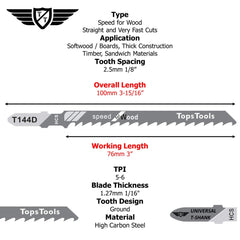 15 x TopsTools T144D Straight and Fast Cuts Carbon Steel Jigsaw Blades Compatible with Bosch, Dewalt, Makita, Milwaukee and many more, Engineered Wood