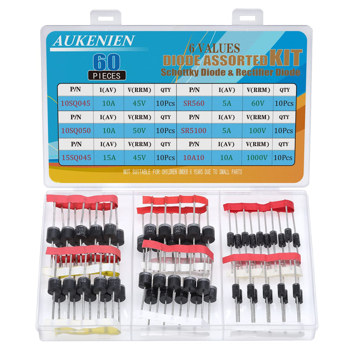 AUKENIEN 6 Values 60pcs Schottky Rectifier Diode Kit 10SQ045 10SQ050 15SQ045 10A10 SR5100 SR560 Diodes 5A 10A 15A 45V 50V 60V 100V 1000V R-6 Axial Solar Panel Blocking Diodes