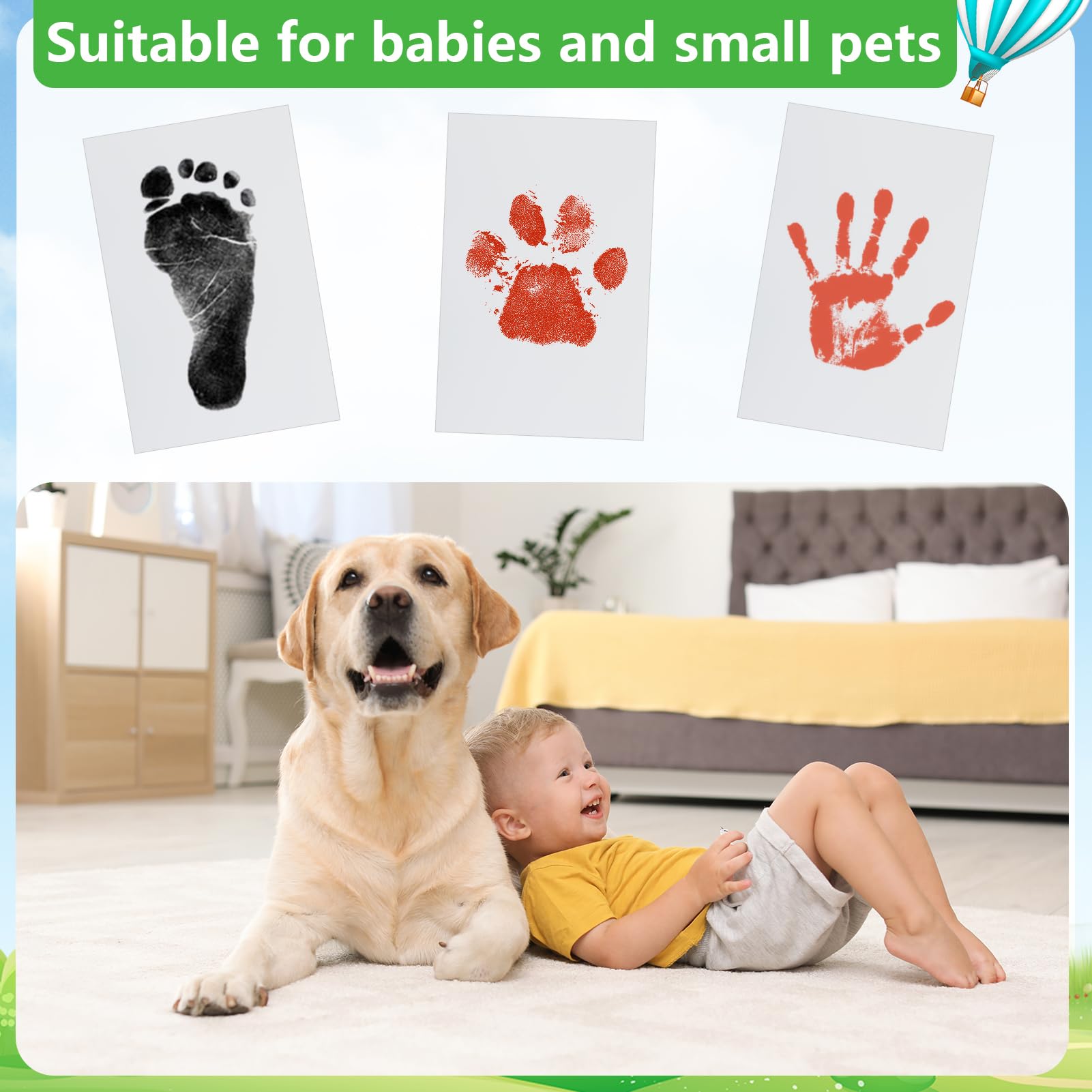 WHEELIO Baby Hand and Footprint Kit, Inkless Hand and Footprint kit with 3 Ink Pads and 6 Imprint Cards, Paw Print Kits for Dogs, Cat - Black