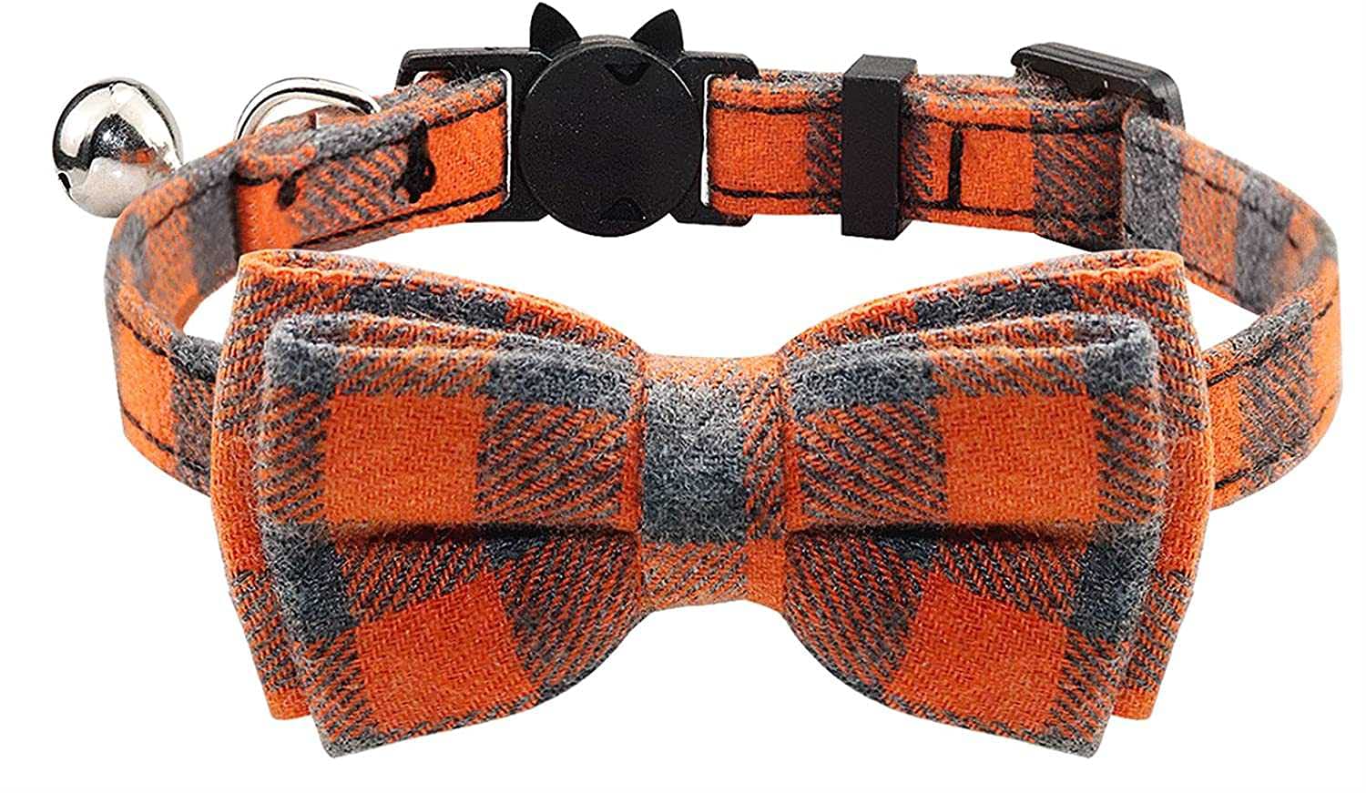 Cat Collar with Bell and Bow Tie, Quick Release Safety Buckle Collars for Kitten and Cats, Soft Tartan Design (Orange)