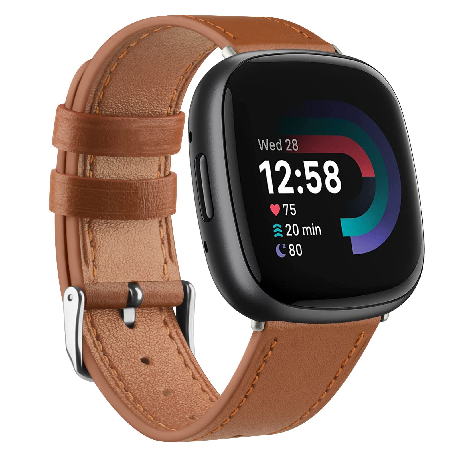 Leather Strap Compatible with Fitbit Versa 3 Straps/Fitbit Sense Strap for Women Men,Genuine Leather Replacement Compatible with Fitbit Versa 3/Fitbit Versa 4/Fitbit Sense 2 (Brown)