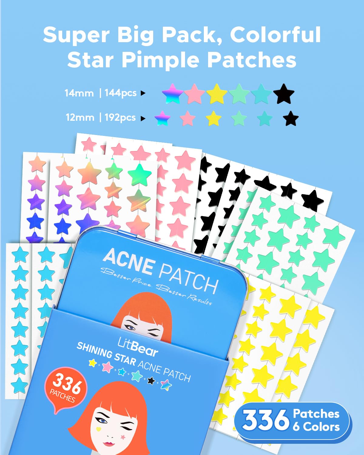 LitBear Acne Pimple Patch, 6 Colors 336 Dots Star Pimple Patches with Case, Tea Tree Oil & Centella Oil, Hydrocolloid Acne Pimple Patches for Face Cute Zit Patches Pimple Stickers Acne Dots