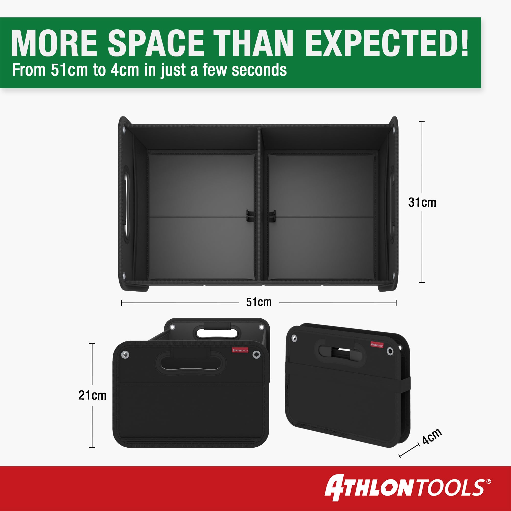 ATHLON TOOLS Foldable car boot bag - car boot organiser, car folding box, car bag - reinforced and stable - with fastening strips