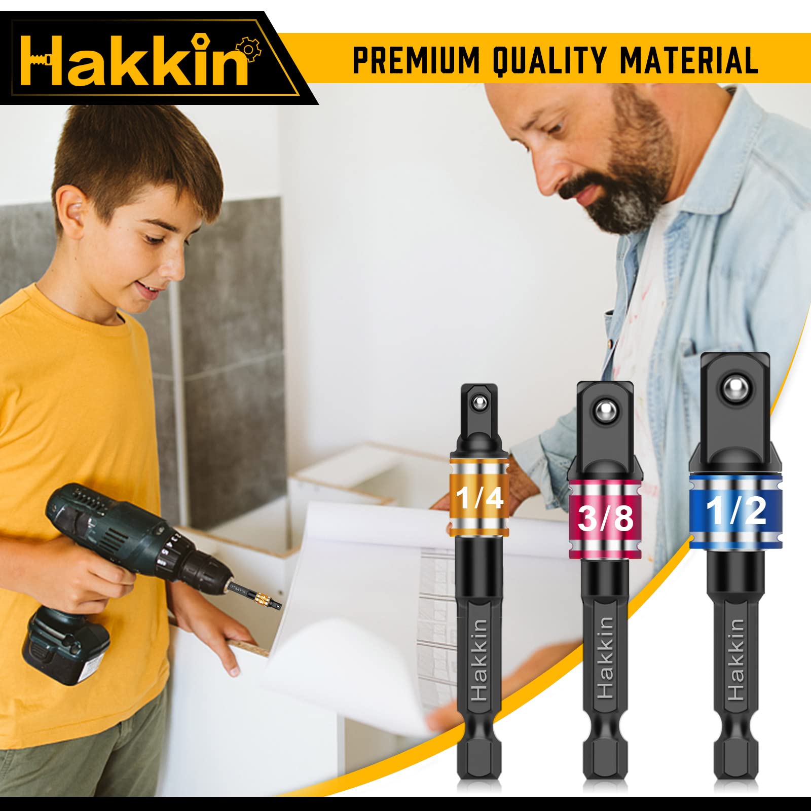 Hakkin 3PCS Impact Grade Socket Adapter/Extension Set Turns Power Drill Into High Speed Nut Driver Torque Impact Wrench. 1/4 inches, 3/8 inches, and 1/2 inches Drive