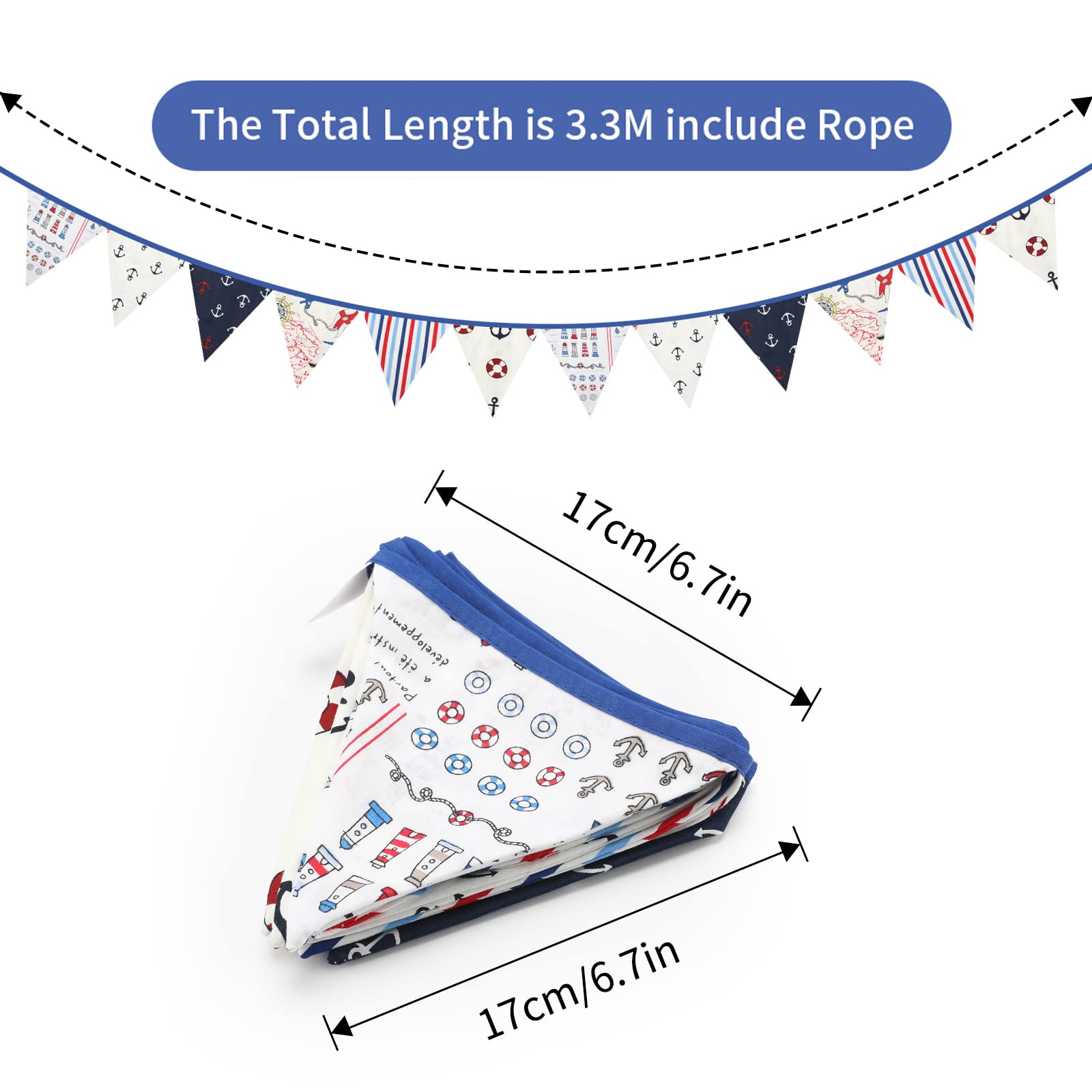 G2PLUS Double Sided Fabric Bunting Banner, Two Layer Triangle Nautical Bunting, 3.3M with 12PCS Nautical Pirate Pennants, Cotton Shabby Chic Garland for Bedroom Brithday Tea Party Decorations-White and Blue