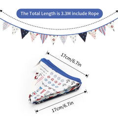 G2PLUS Double Sided Fabric Bunting Banner, Two Layer Triangle Nautical Bunting, 3.3M with 12PCS Nautical Pirate Pennants, Cotton Shabby Chic Garland for Bedroom Brithday Tea Party Decorations-White and Blue