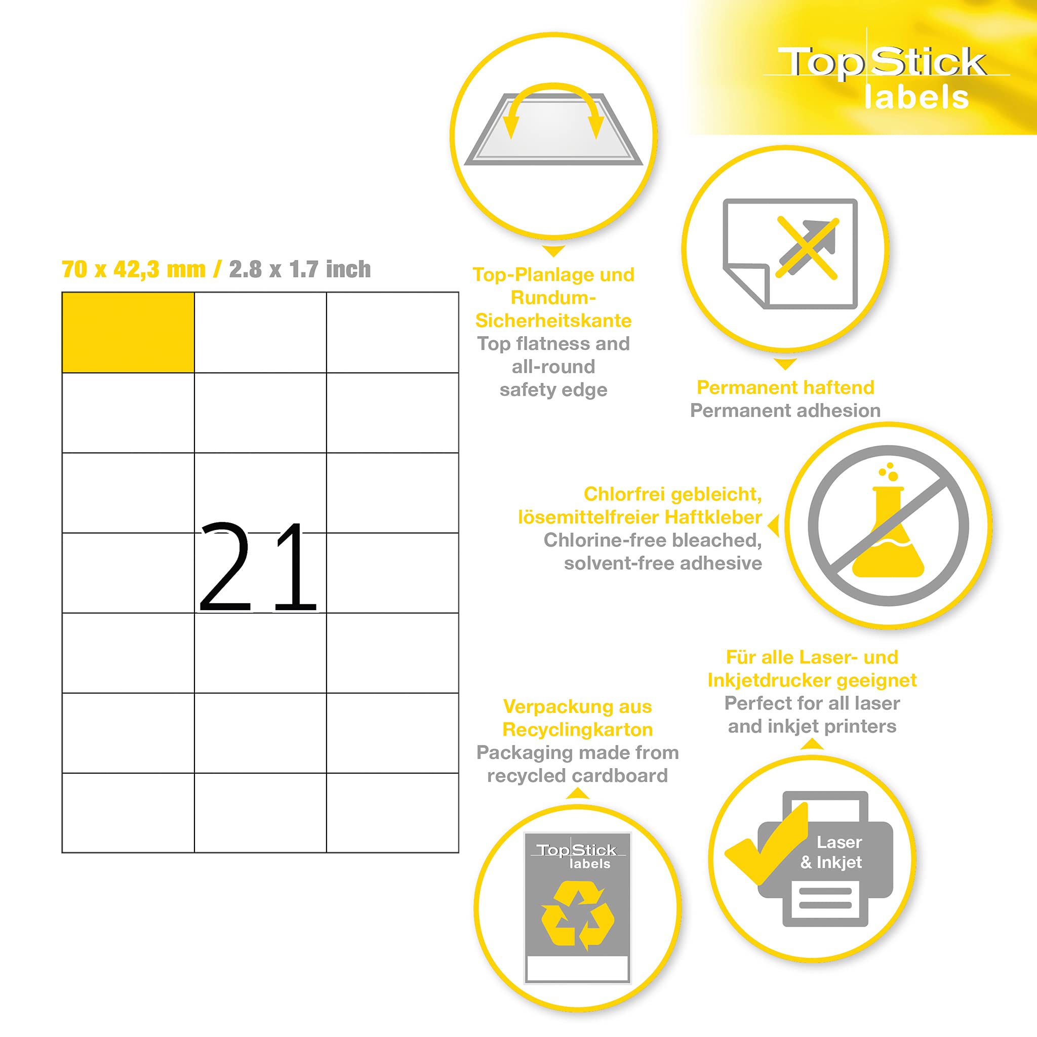 TopStick 8708 Address Mailing Labels, 21 Labels Per A4 Sheet, 70 x 42.3 mm, 2100 Labels, Self Adhesive, Stickers for Laser and Inkjet Printers, White