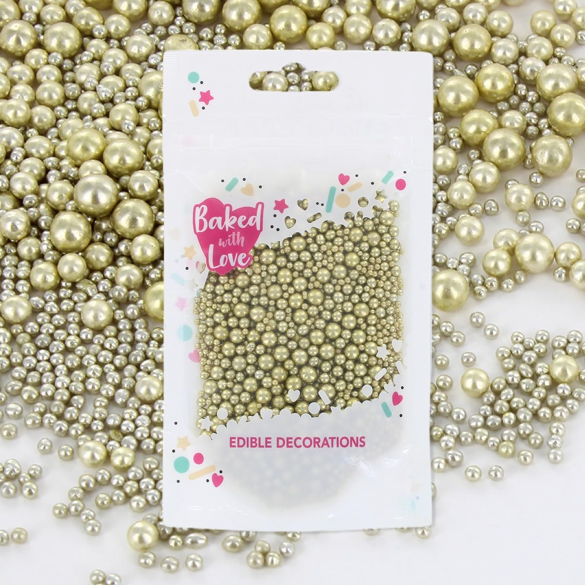 Gold Pearl Sprinkles By Baked With Love   75g   Gold Sugar Cake Sprinkles, Edible Cake Decorations, Sugar Balls For Cupcakes