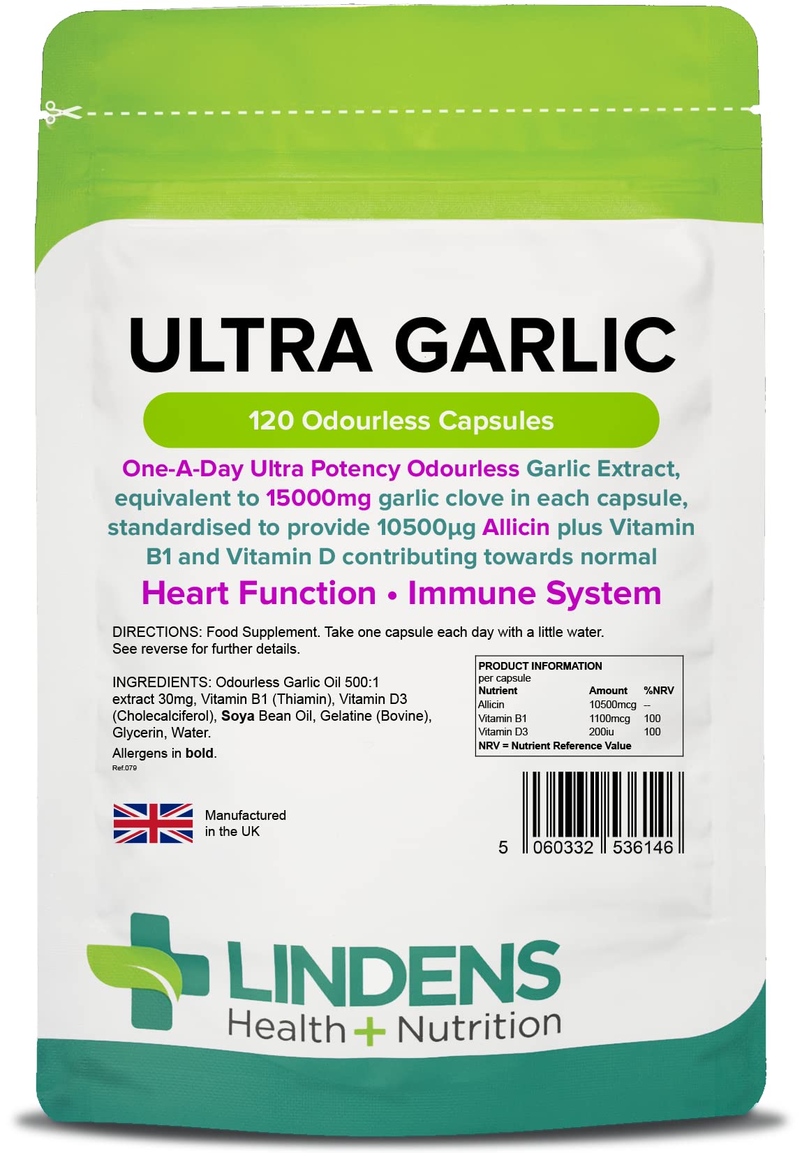 Lindens Ultra Garlic Odourless Capsules - 120 Pack - Including Vitamin B1 and D3 - Contributes to Normal Muscle Function, Heart and Immune Health - 15000mg Garlic (10500mcg Allicin) - UK Manufacturer, Letterbox Friendly