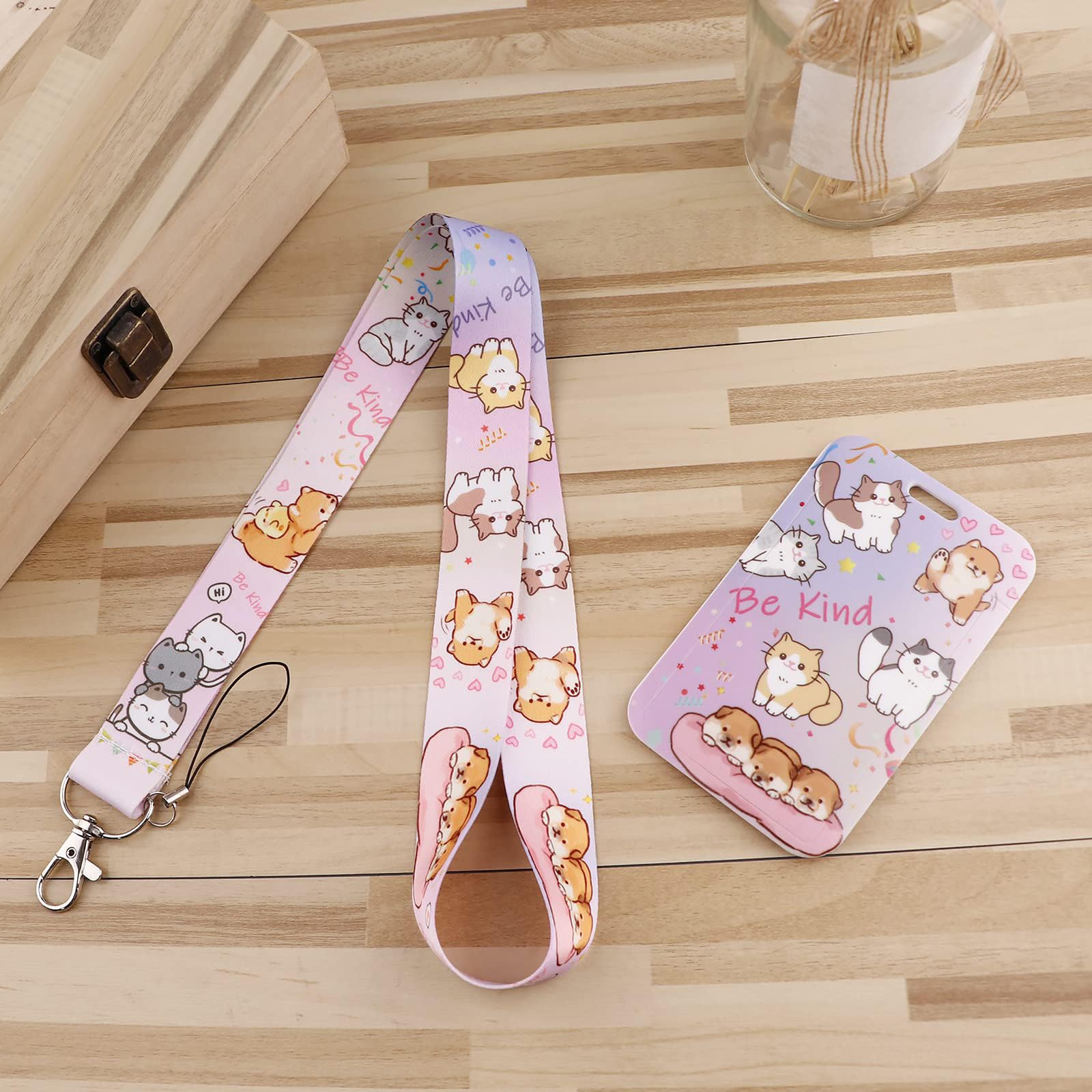 Juanooo Cute Preppy Cat Lanyard with ID Card Holder Kawaii Aesthetic Key Lanyard for Women Girls