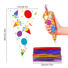 VEYLIN Rainbow Cellophane Party Bags - 120 Pieces Clear Sweets Bags Cellophane Treat Bags with Ties for Birthday Wedding Baby Shower Party Supplies,4 Styles