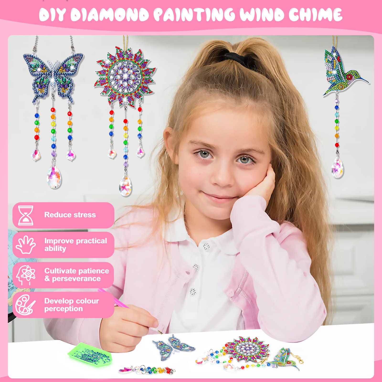 Gifts for 6 7 8 9 10 Year Old Girls Boy: Arts and Crafts Toy for Kids Age 8-10 Diamond Painting Kits Presents for 5-12 Year Old Girl Toys Wind Chime Crystal Suncatchers for Windows Garden Decorations