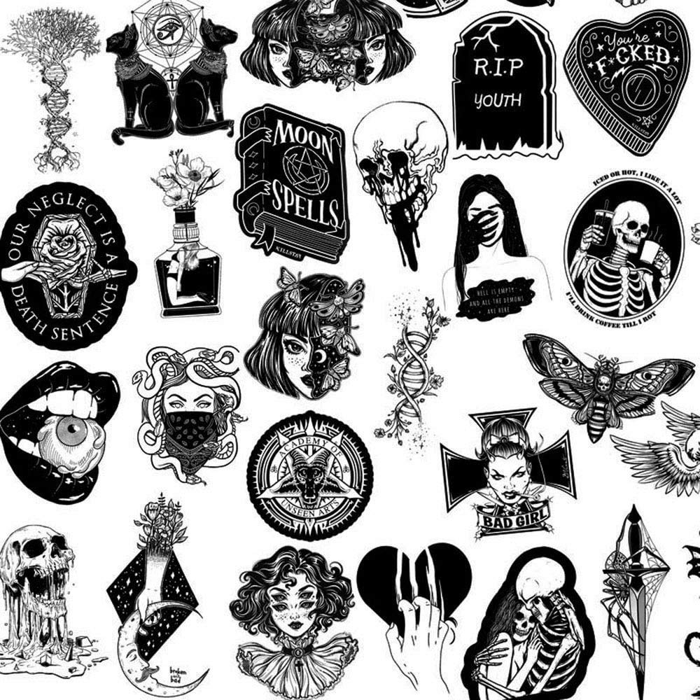 Modou 100pcs Gothic Stickers for Water Bottle,Black White Retro Skull Stickers,Waterproof Vinyl Stickers Perfect for Hydro Flask Laptop Phone Car Skateboard