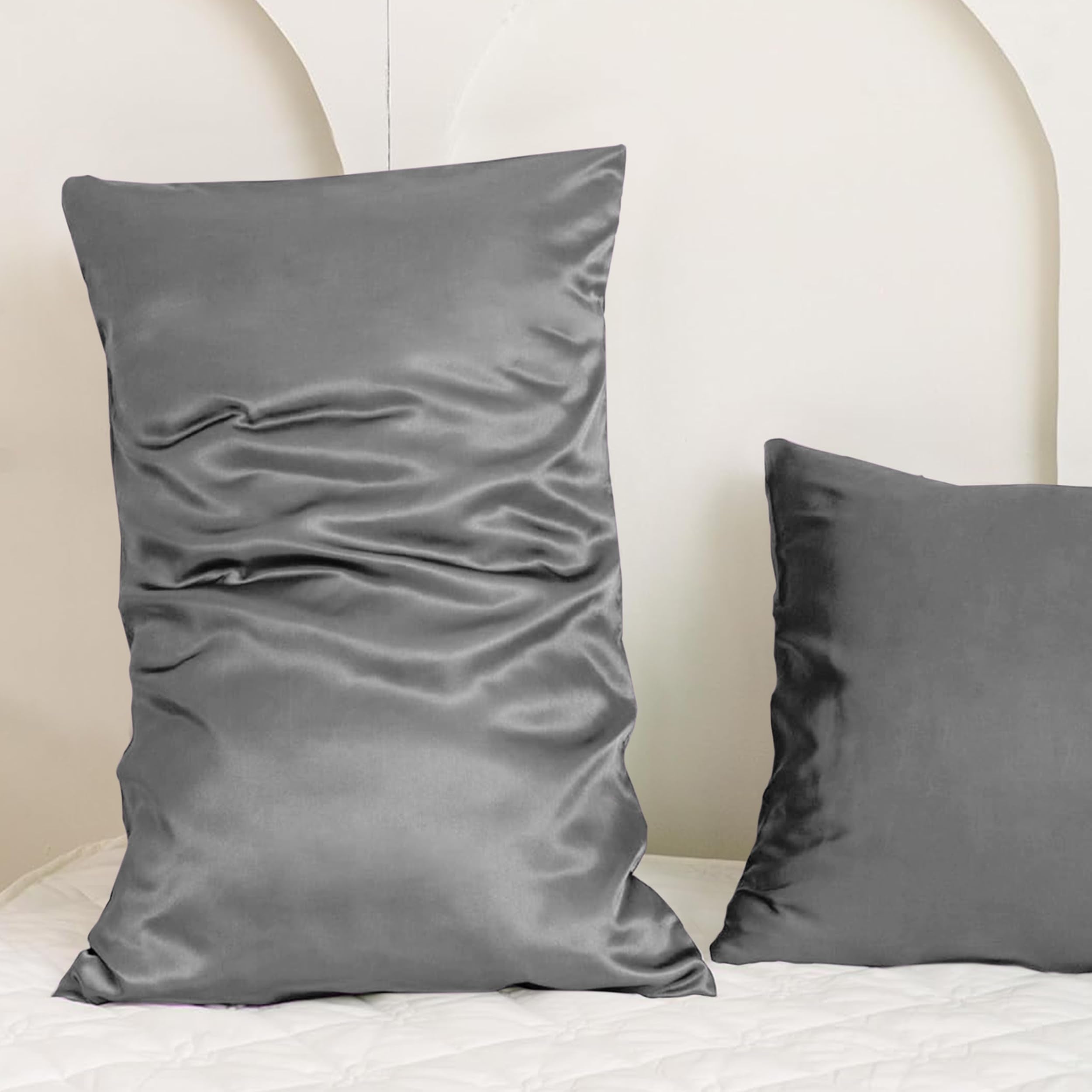 My home store Satin Pillow Cases 2 Pack - Charcoal Silk Pillowcase for Hair and Skin - Standard Size with Hypoallergenic Envelope Closure, 50 x 75 cm