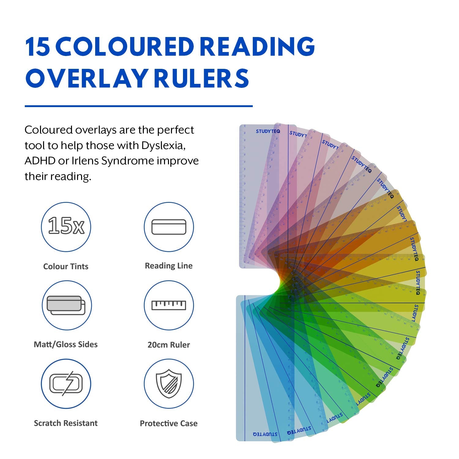 Studyteq 15 x Professional Dyslexia Coloured Reading Overlays And Rulers and Protective Case   Reading Tracking Rulers for Visual Stress, Dyslexia, Irlens Syndrome, and ADHD