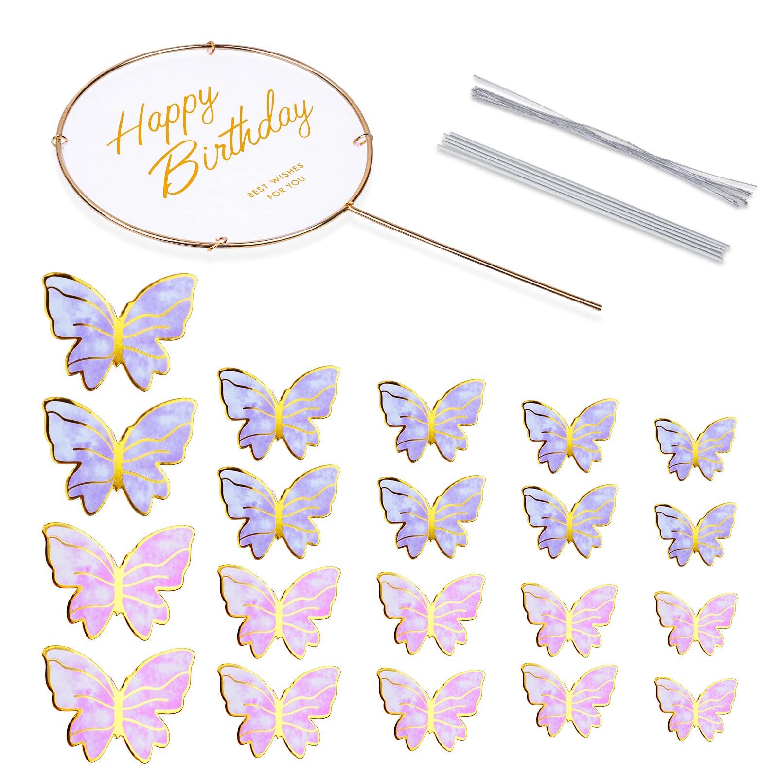 OSDUE 22 PCS Butterfly Cake Decorations, Butterfly Cake Topper Set with 13 Sticks, Butterfly Cake Topper Decorations for Baby Shower Wedding Birthday Party Decor (Pink&Purple)