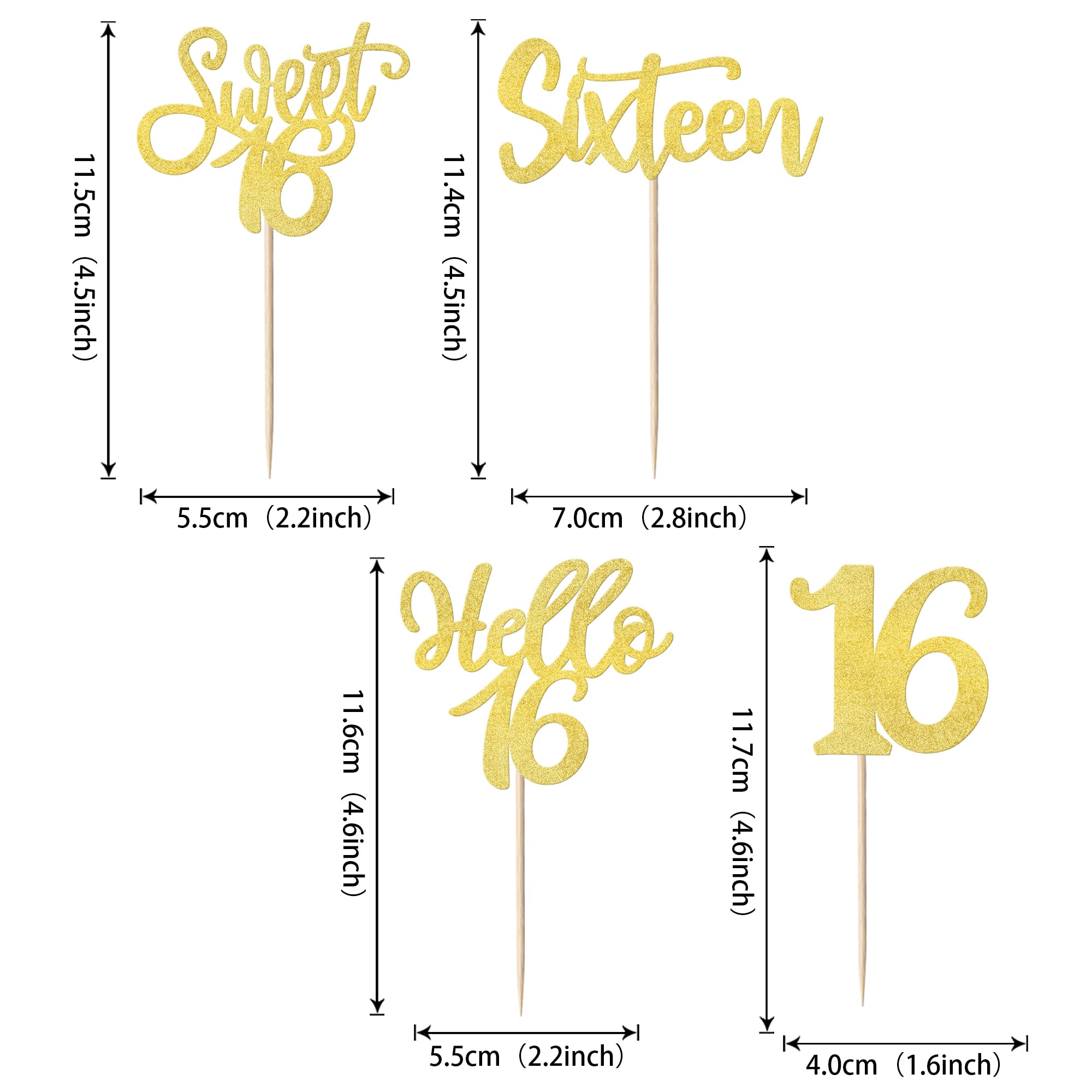 SYKYCTCY 24 Pack 16th Birthday Cupcake Toppers Glitter Hello 16 Sweet 16 Sixteen Years Old Cupcake Picks for Birthday Wedding Anniversary Party Cake Decorations Supplies Gold