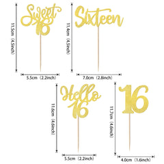 SYKYCTCY 24 Pack 16th Birthday Cupcake Toppers Glitter Hello 16 Sweet 16 Sixteen Years Old Cupcake Picks for Birthday Wedding Anniversary Party Cake Decorations Supplies Gold