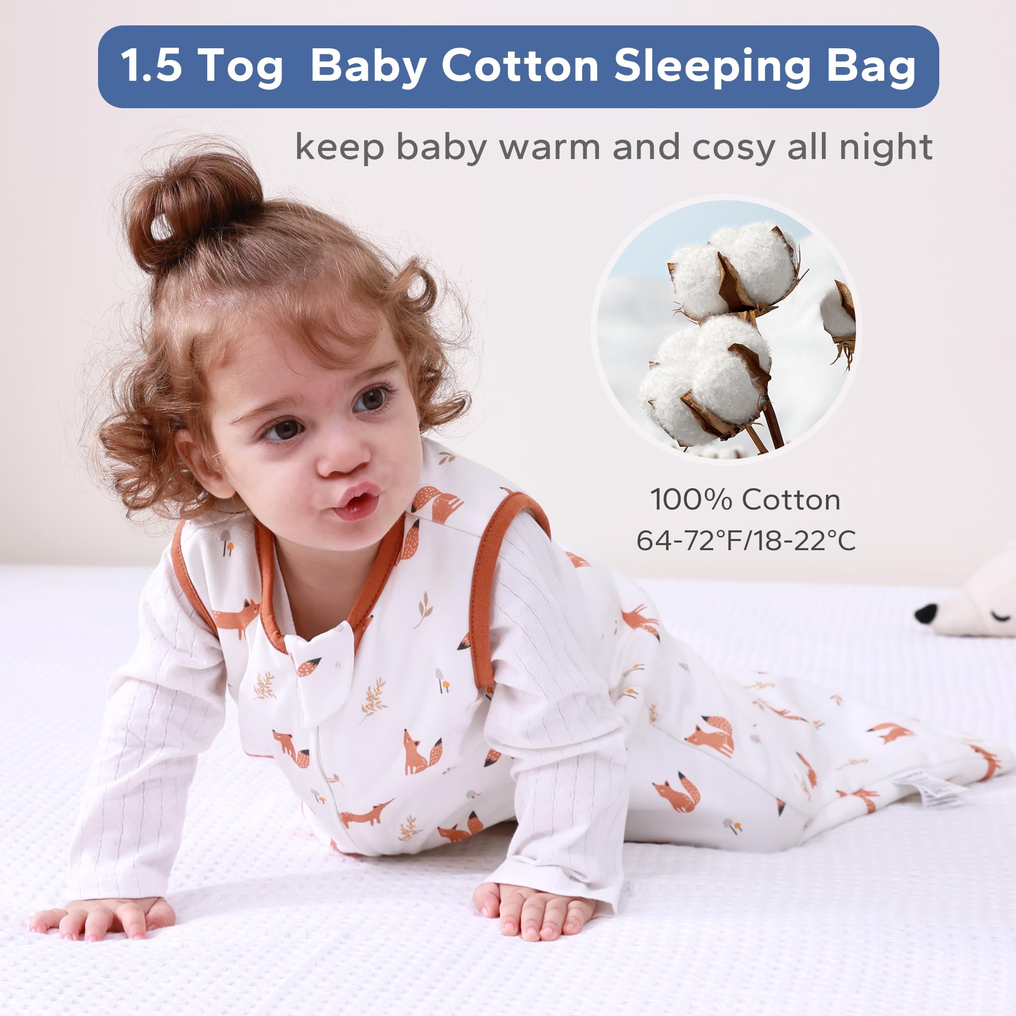 ZIGJOY Baby Sleeping Bag, 100% Cotton Sleep Sack 1.5 TOG Toddler Wearable Blanket with 2-Way Zipper for All Seasons, Foxes, M(6-12 Months)