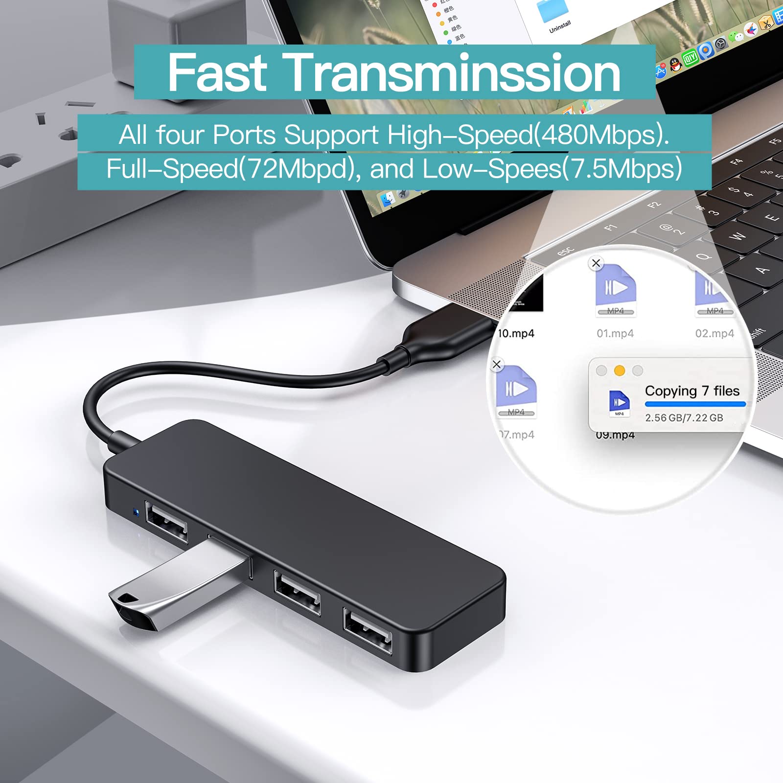 USB Hub, 4-Port USB 2.0 Hub Ultra Slim Portable USB Splitter for iMac Pro, MacBook Air, Mac Mini Pro, Surface Pro, Notebook PC, Laptop, USB Flash Drives, Mobile HDD and More (usb 4IN1)