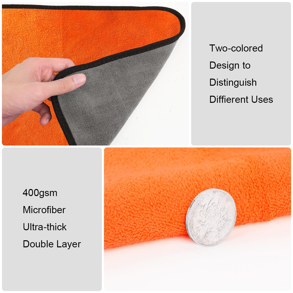 URAQT Microfibre Cleaning Cloths, 3 Pack Car Cleaning Cloths, Two-layer Thickened Microfibre Towels, Lint Free Super Absorbent Cleaning Towel for Car Washing, Drying, Detailing, Orange, 40x60cm