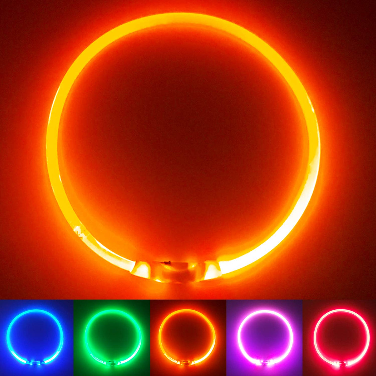 PetSol LED Dog Collar in Orange USB Rechargeable Flashing Light Safety Collar for Dogs, Cats & Puppies - Fashionable Glow in the Dark Design to keep your Pets Safe