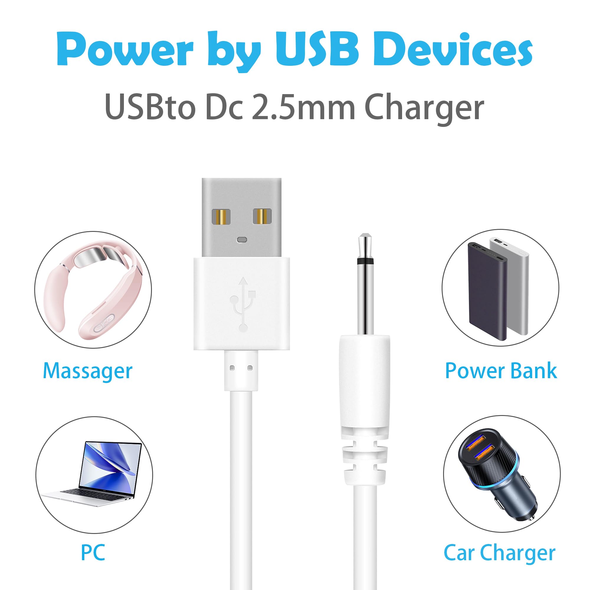 BLKing USB Charging Cable Cord ，Universal USB to DC 2.5mm Fast Charger Cord Adapter for Wireless Wand Massagers（2.5mm/17mm Pin/White） (white 1 pcs)