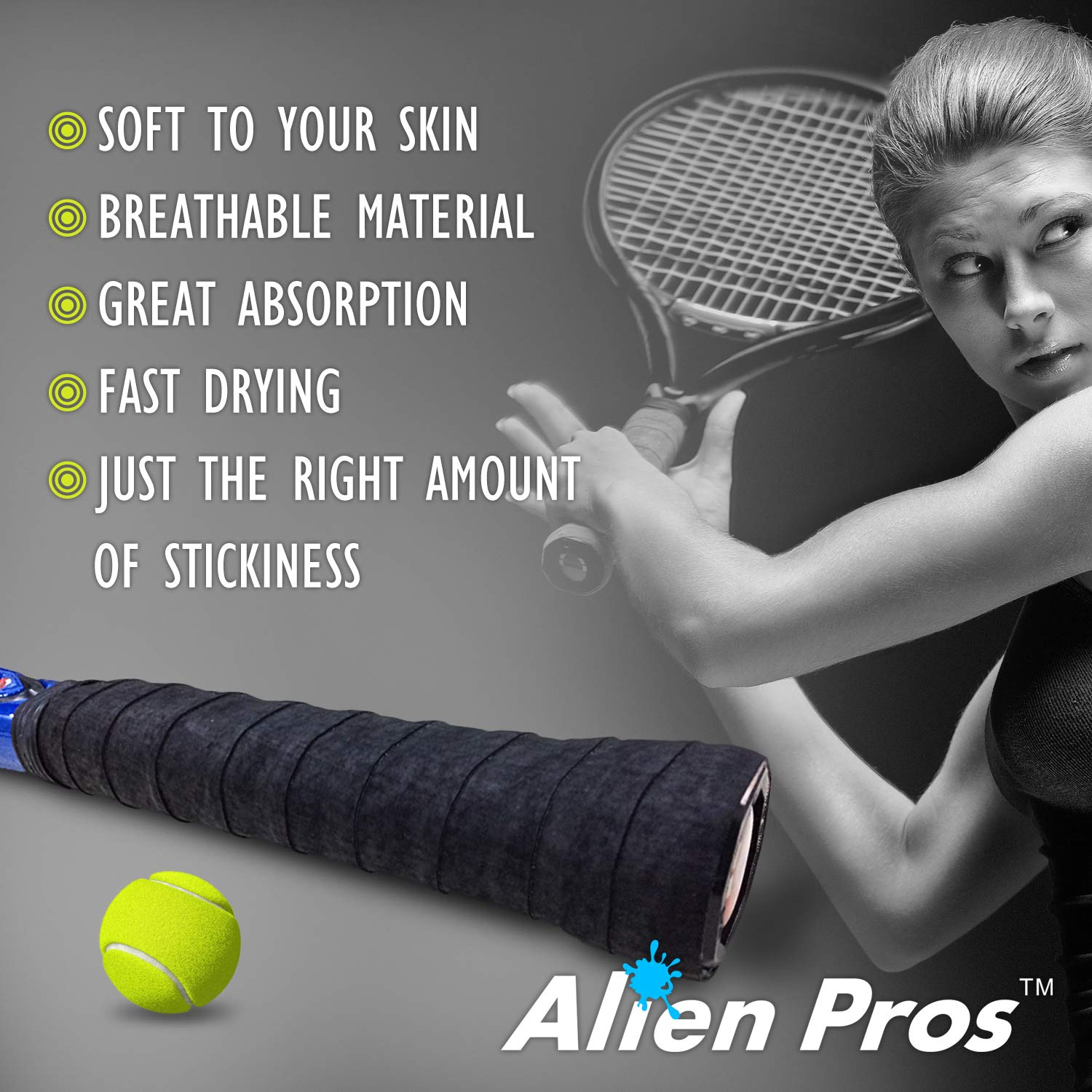 Alien Pros Tennis Racket Grip Tape (6 Grips) – Precut and Light Tac Feel Tennis Grip – Tennis Overgrip Grip Tape Tennis Racket – Wrap Your Racquet for High Performance (6 Grips, Black)