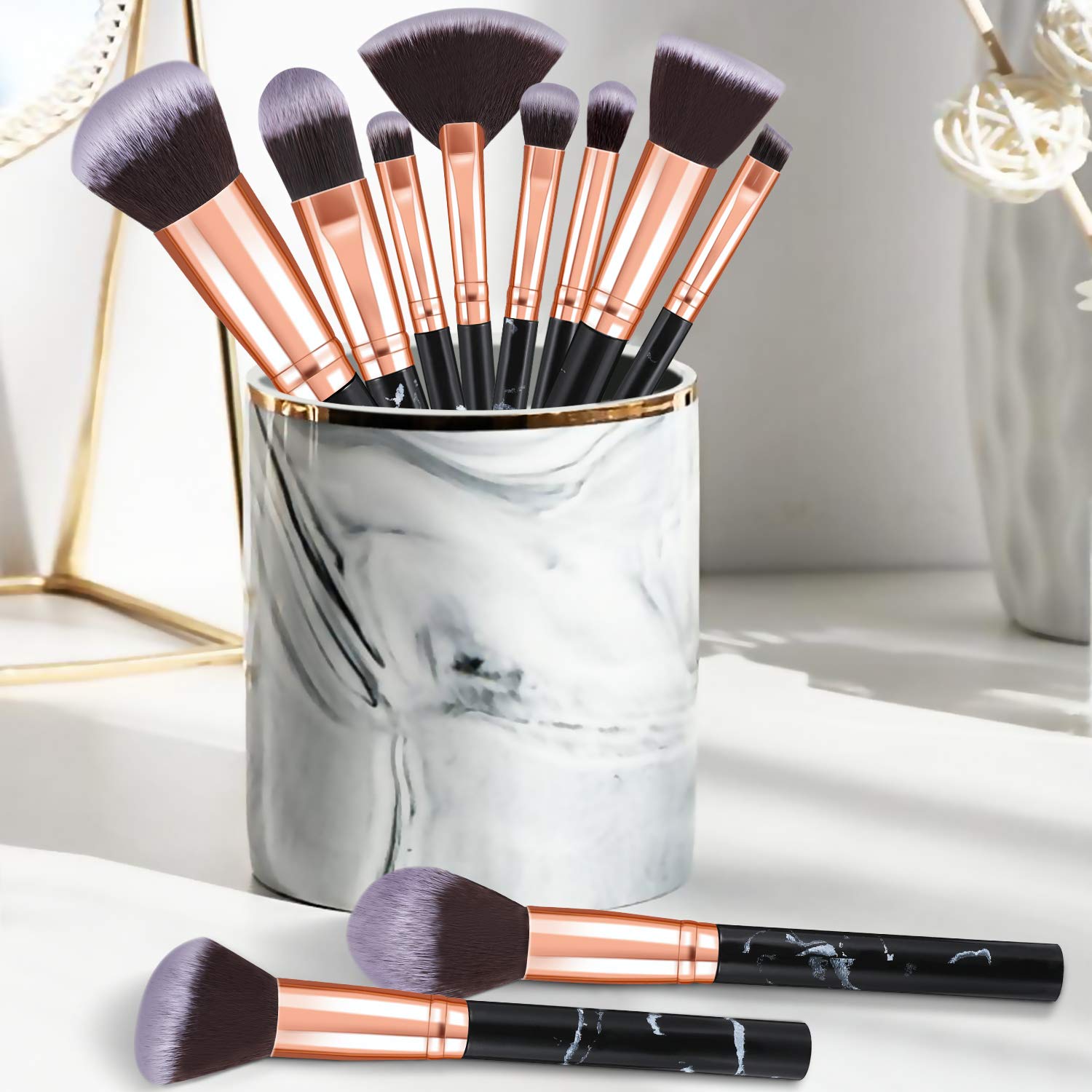 Makeup Brushes, 10pcs Professional Marble Makeup Brush Set, Premium Synthetic Kabuki Foundation Brush Makeup Sets for Eyeshadow Eyebrow Foundation Brush Concealer, Make Up Brush Set with Cosmetic Bag